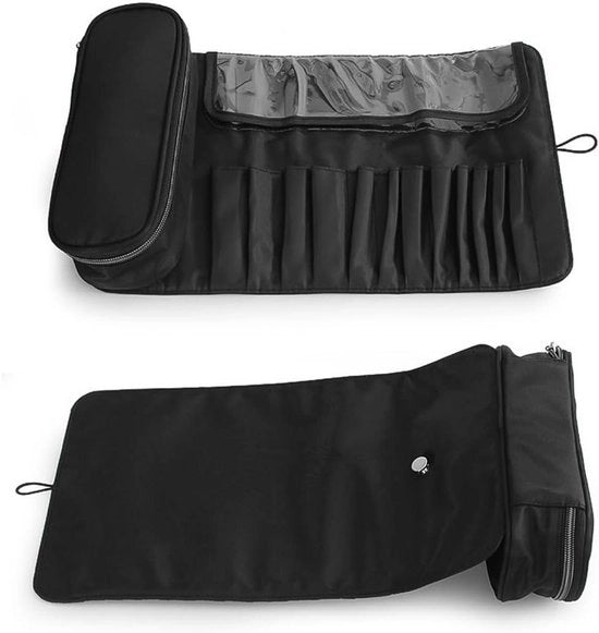 Tas opvougbare per trucco con set di pennelli e accessori per viaggiatori - Nero