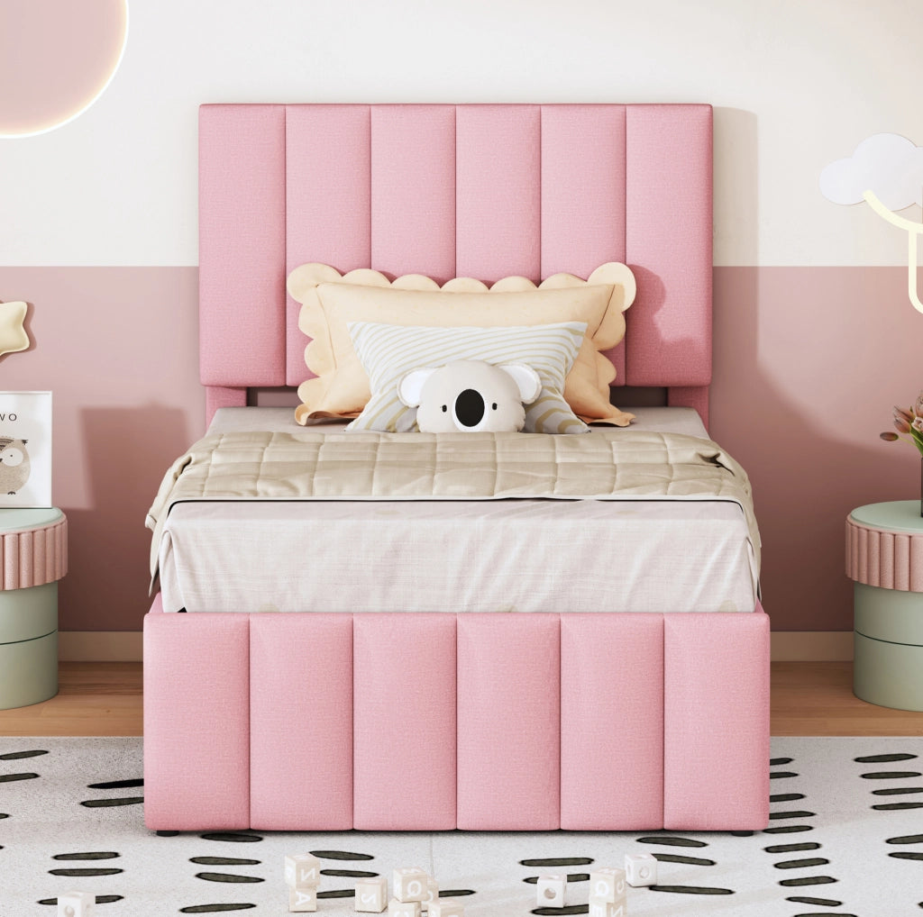 Letto imbottito multifunzione con letto estraibile e 3 cassetti, colore rosa