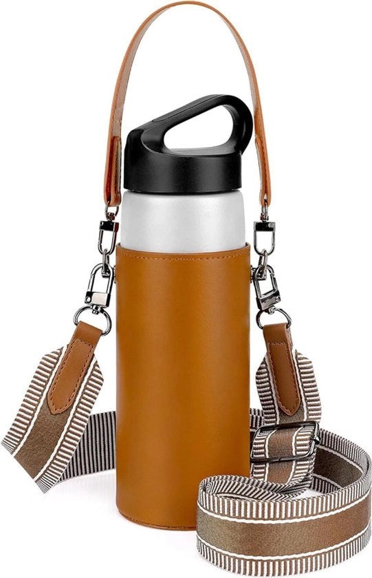 Borsa a Fles con Cinturino Regolabile - Pelle Sintetica - Compatibile con Portachiave - Marrone - Materiale Sostenibile - Adatto per Diverse Dimensioni di Flessa.