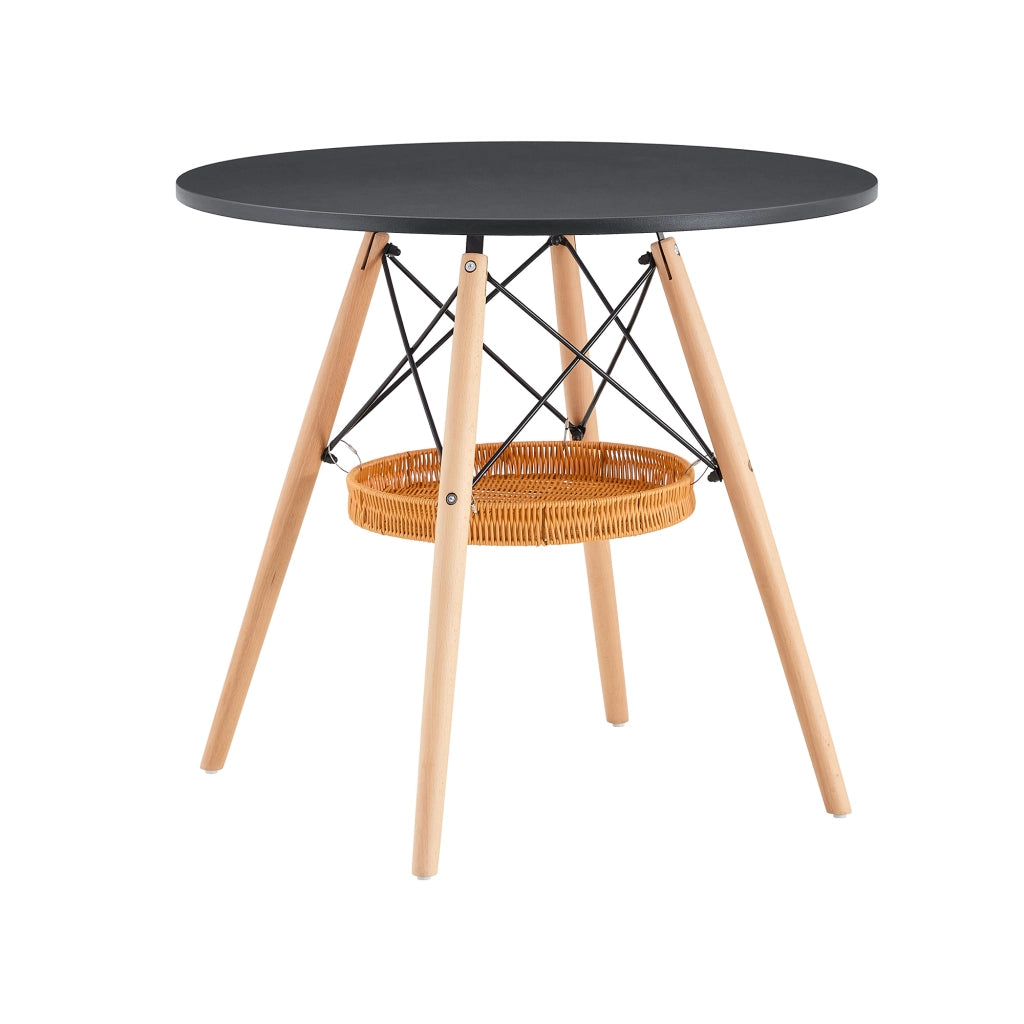 TAVOLO rotondo Ø 80 cm in MDF nero e legno massello con cestello sospeso