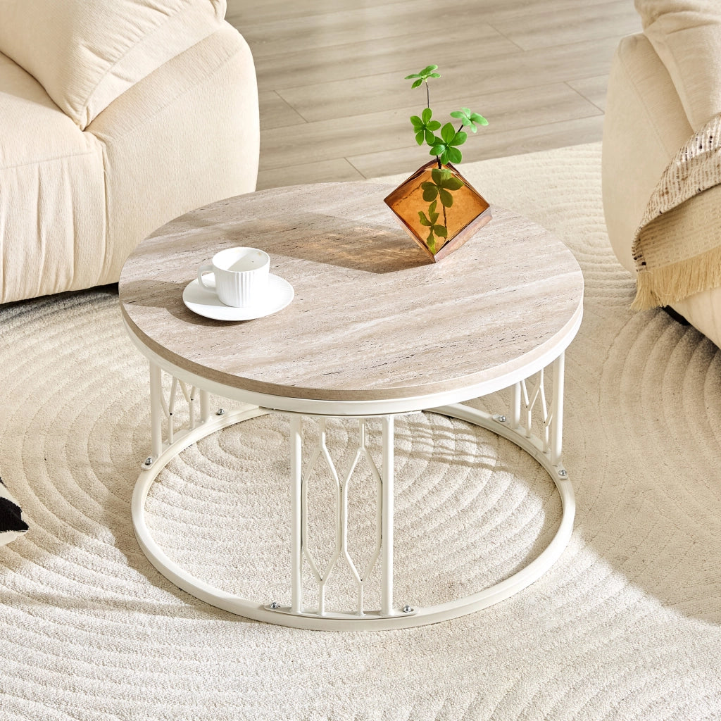 Tavolino basso rotondo in MDF effetto legno con struttura in metallo, per soggiorno, bianco, Ø 70 × 40,5 cm