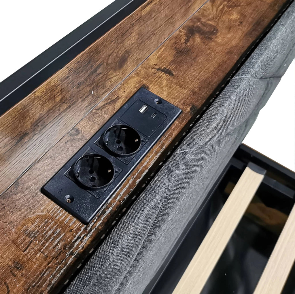Letto a baldacchino 140x190 cm con LED; prese USB/Type-C e contenitore in metallo e legno nero