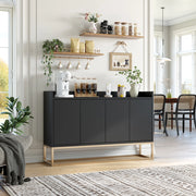 Credenza buffet 120cm nera, mobile soggiorno in pannello di particelle con base metallo oro, 4 ante push‑to‑open, ripiani regolabili, mobile da ingresso sala da pranzo
