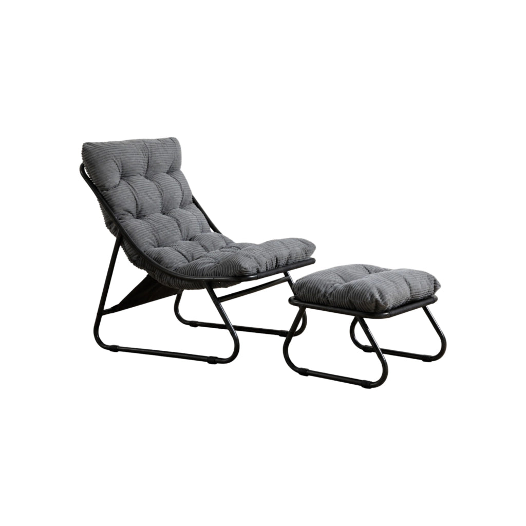 Sedia lounge da esterno con ottomano, telaio nero e cuscino grigio
