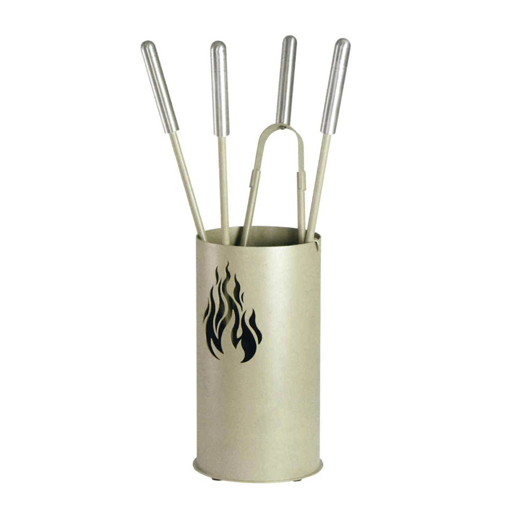 Porta attrezzi camino fiamma acciaio tortora sabbia 4 accessori h.60 d. 16 cm.  Made in Italy