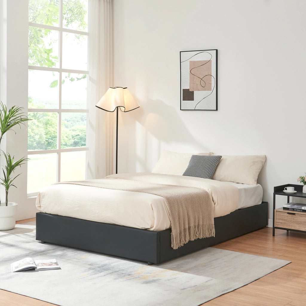 Letto Francese Contenitore Nola 140x200 cm Apertura a Ribalta Rivestito in Similpelle - Nero [en.casa]
