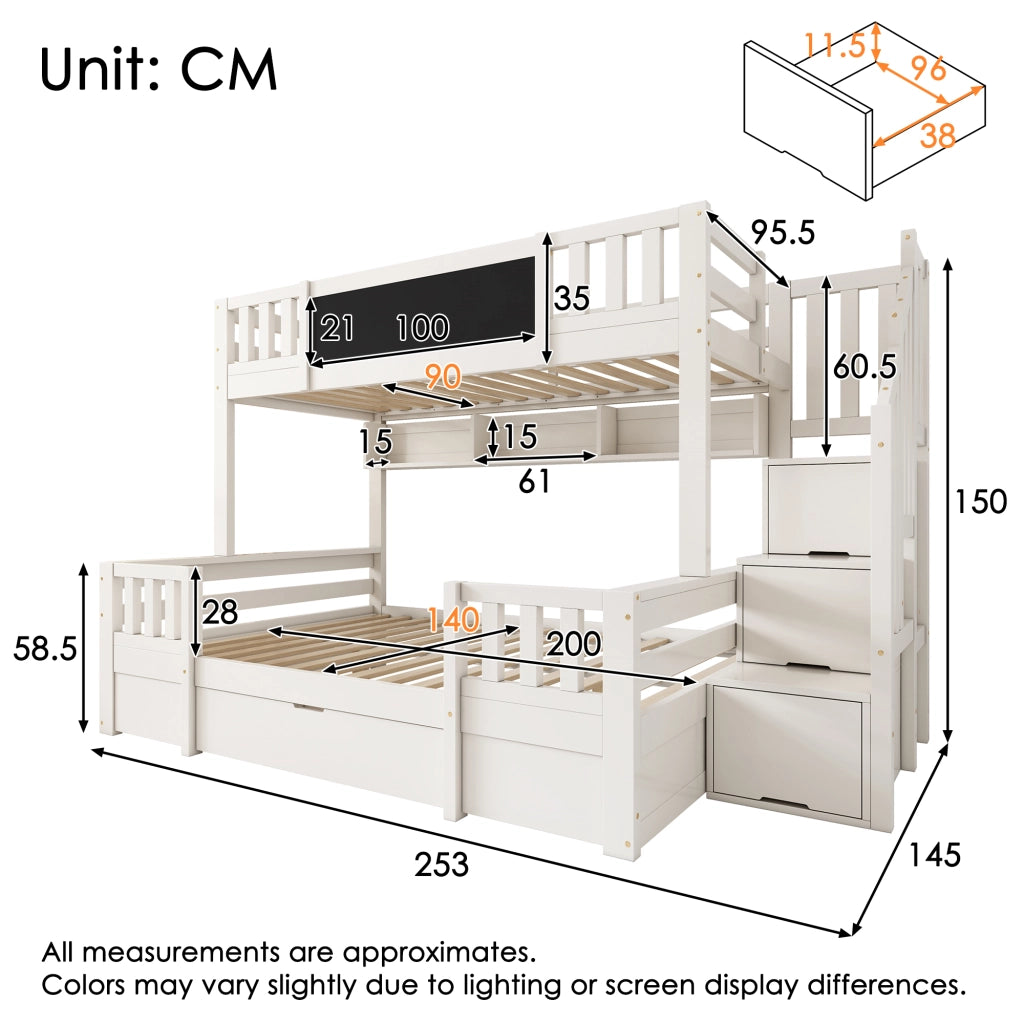 OKWISH Letto a Castello 90×200 cm e 140×200 cm, Letto 3 Posti con Contenitore, 2 Cassetti e Lavagna, senza Materasso, Bianco