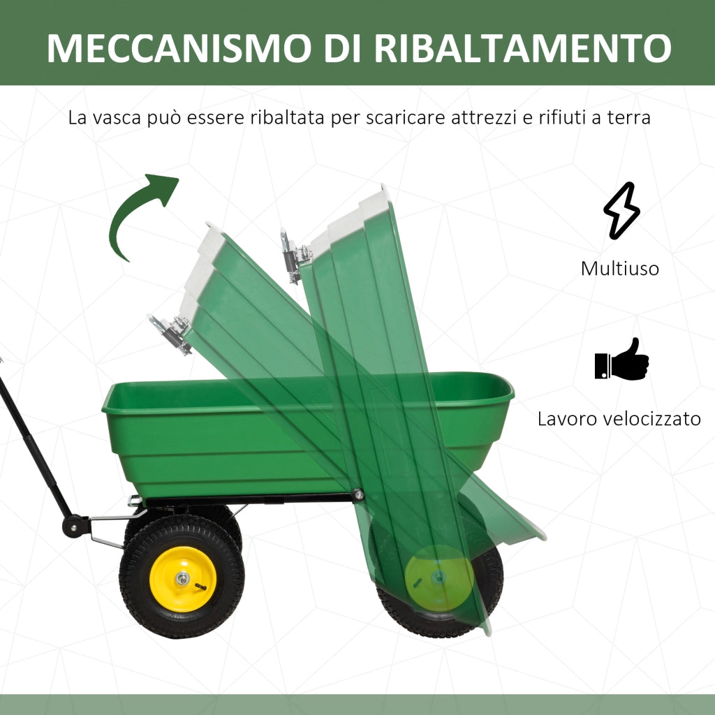Carrello Giardino 125L in Acciaio PP Verde con Vasca Ribaltabile ¨C Zephmum ¨C 118x58x102 cm