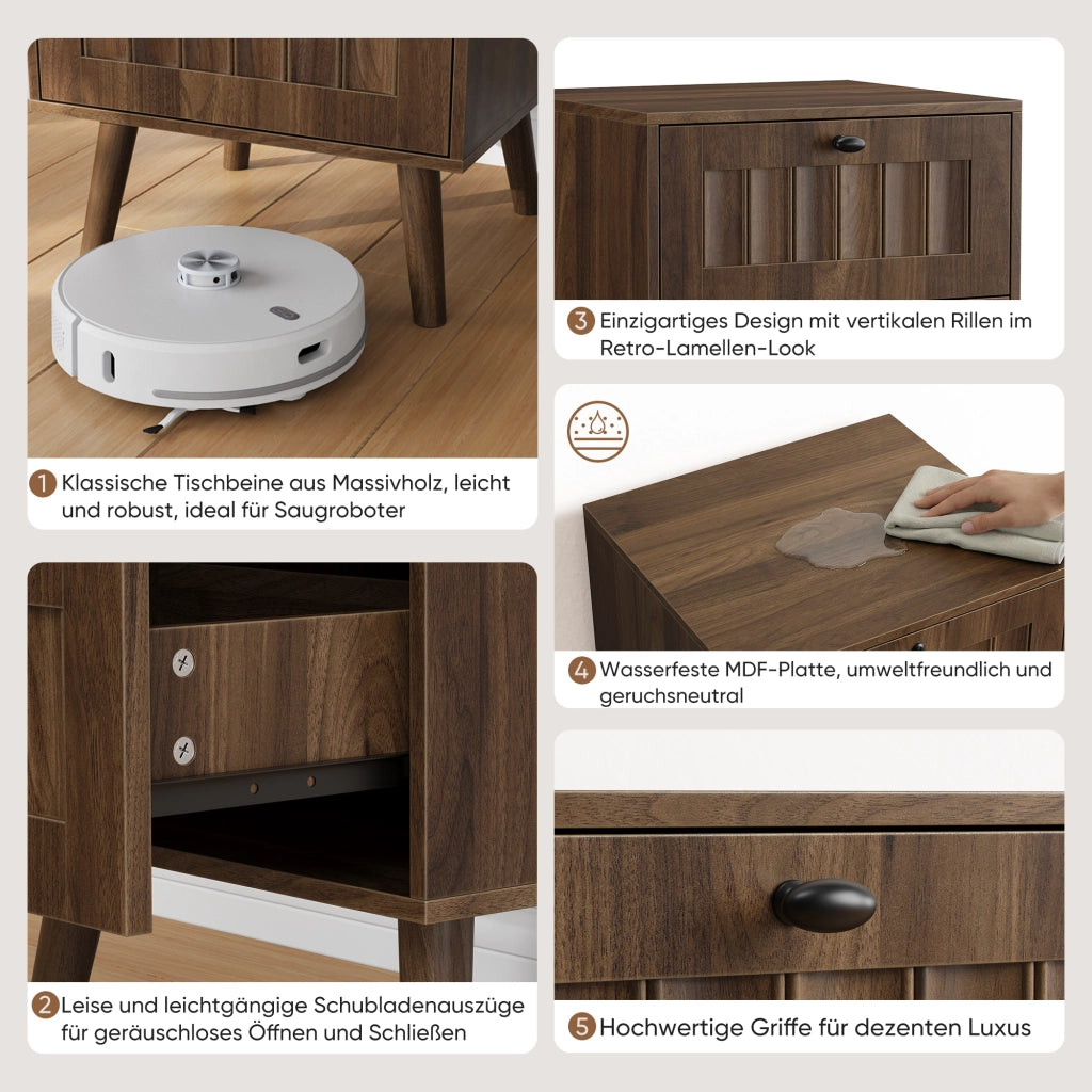 Comodino con 2 cassetti e guide silenziose, design retro con pannelli scanalati, per camera da letto, noce