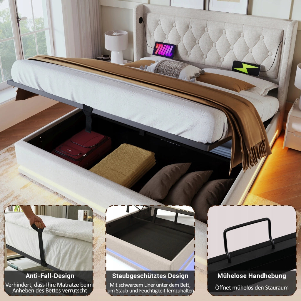 Letto matrimoniale 160x200 - Xylo - USB-C LED 3 lati beige