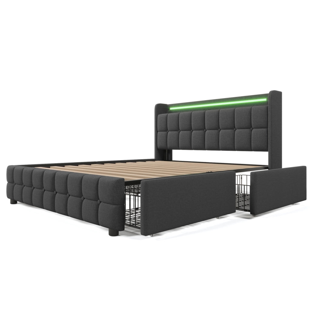 Letto Imbottito con LED, USB e Cassetti ¨C MINIMAL ¨C Grigio 180x200