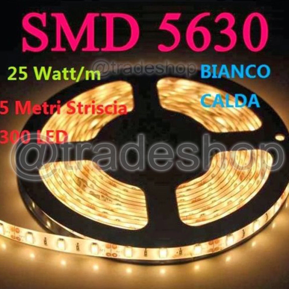 Trade Shop - Bobina Striscia 300 Led 5630 Impermeabile 5 Metri 12v Luce Bianco Freddo Caldo -
