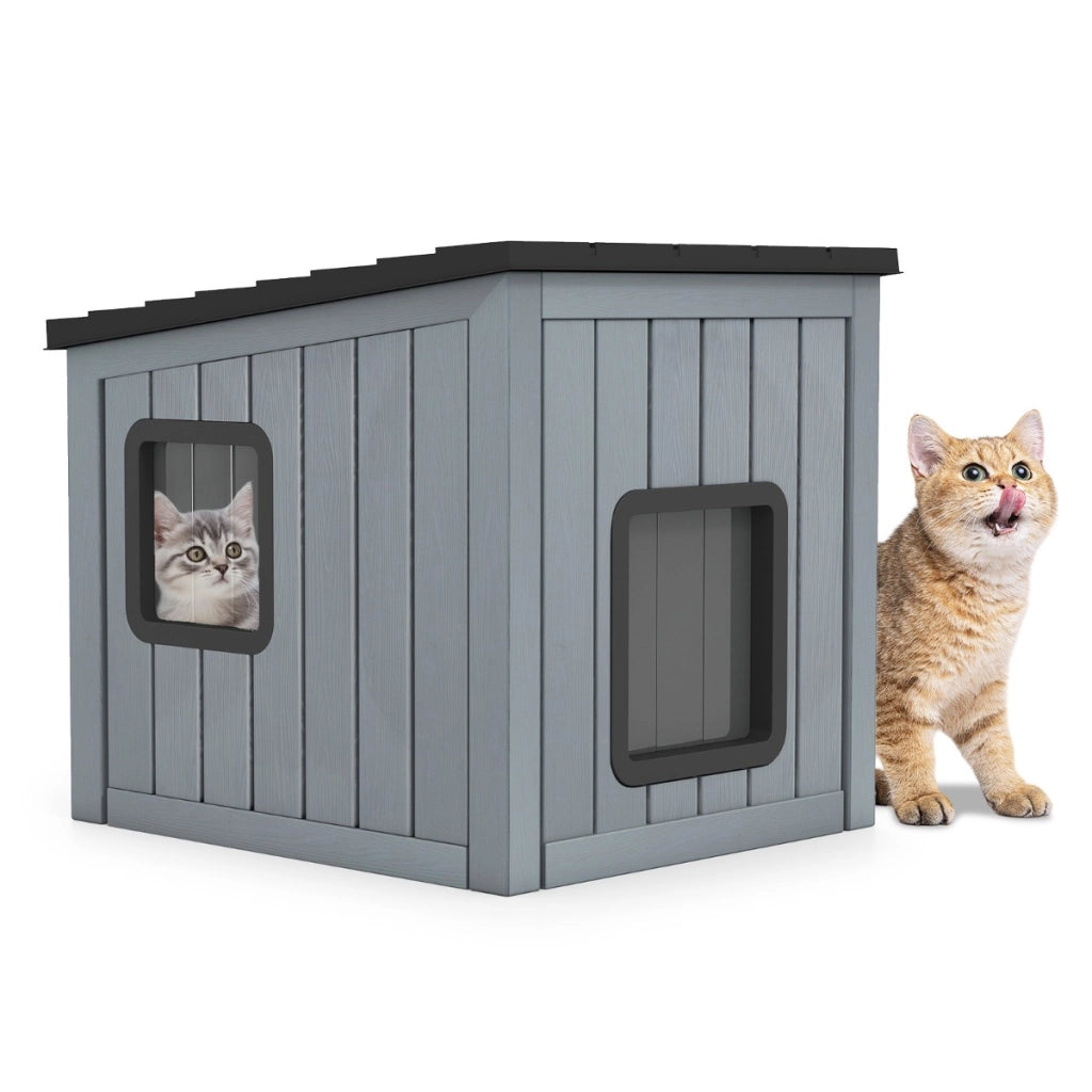 Cuccia rifugio isolato per interni ed esterni con 2 porte in pvc e tetto inclinato, Cuccia per animali domestici per gatti Grigio
