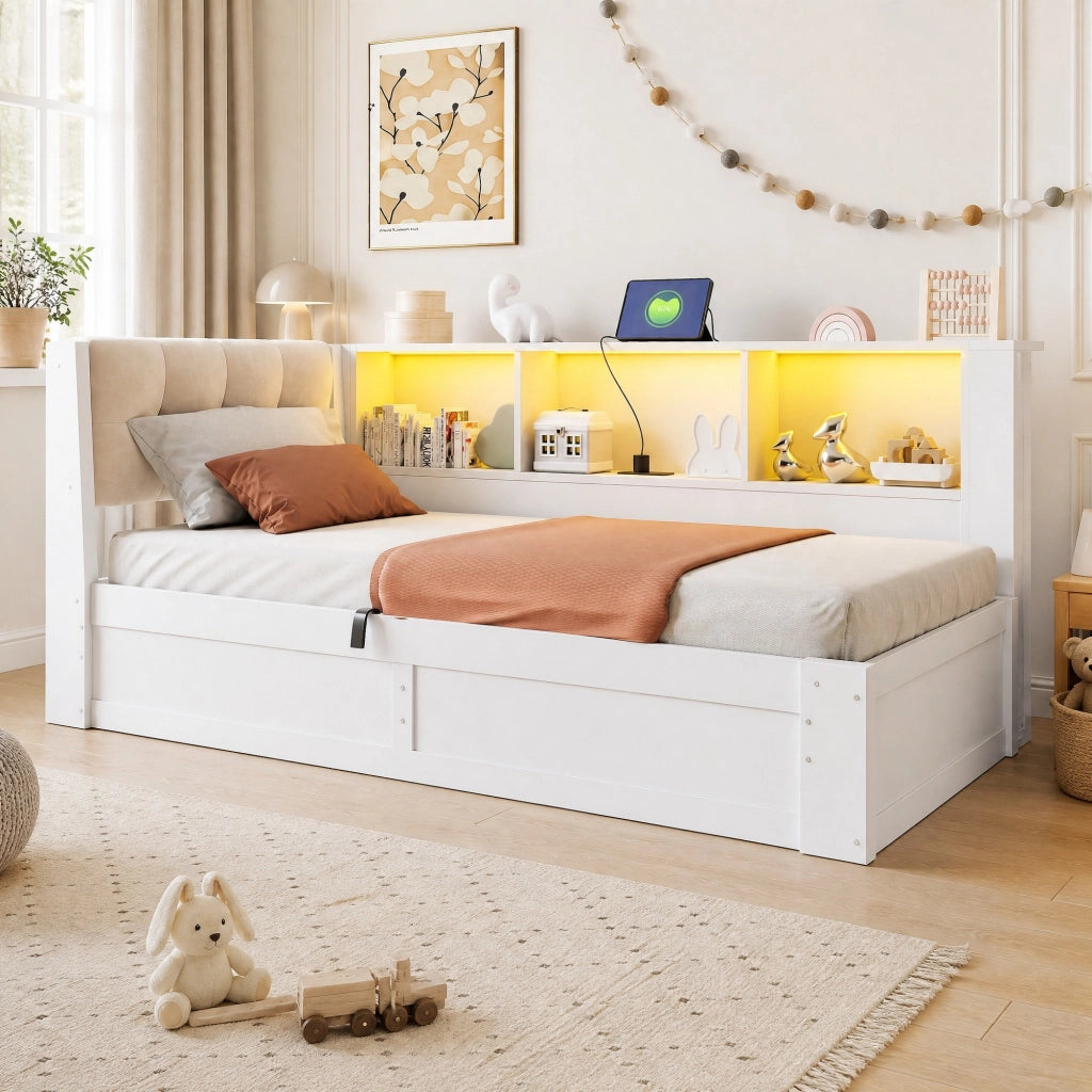 LETTO Contenitore laterale 90x200 cm Bianco con USB e LED