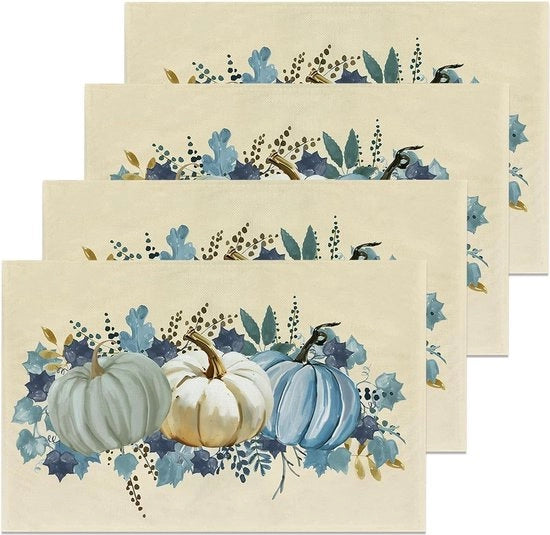 Set di placemats per autunno a forma di zucchina da 4 pezzi, blu, foglie di acero vintage per la cucina