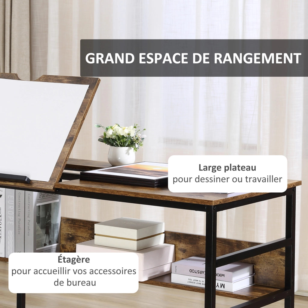 Tavolo da disegno inclinabile ¨C zephmum ¨C design industriale, piano regolabile, ripiano, effetto legno vecchio, metallo nero
