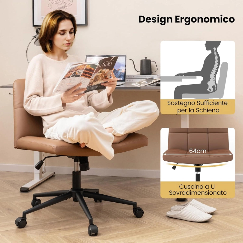 Sedia da Ufficio con Ruote, Sedia Scrivania a Gambe Incrociate Rivestita in Pelle PU, Sedia Ufficio con Altezza e Regolabile Regolabile, Sedai senza Braccioli, Portata 150 kg (Marrone)