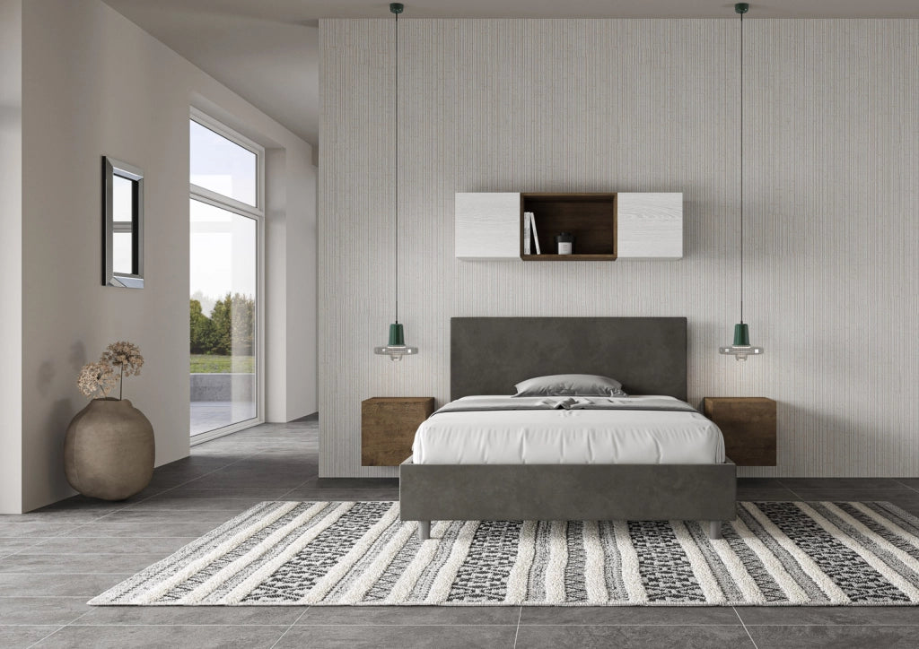BS COM Letto una piazza e mezza con rete imbottito 130x200 microfibra grigio