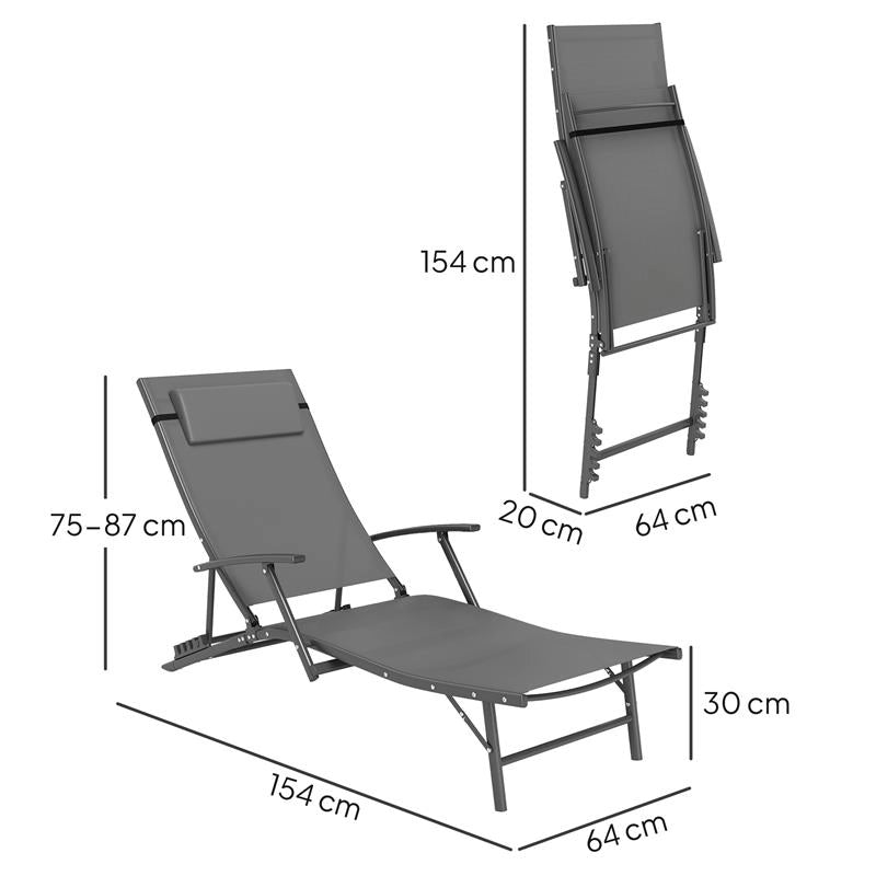 SET 2 SDRAIO DA GIARDINO PIEGHEVOLI CON SCHIENALE REGOLABILE SU 4 LIVELLI E CUSCINO GRIGIO