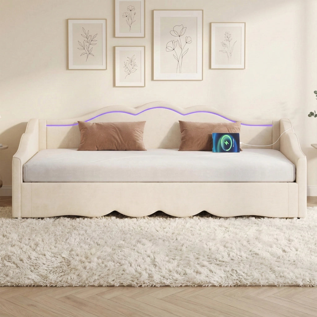 LETTO Estensibile 90x200 cm a 180x200 cm Velluto Beige con LED, USB e TYPE-C