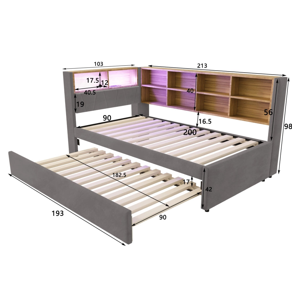 Divano letto singolo con letto estraibile, LED e vani contenitivi