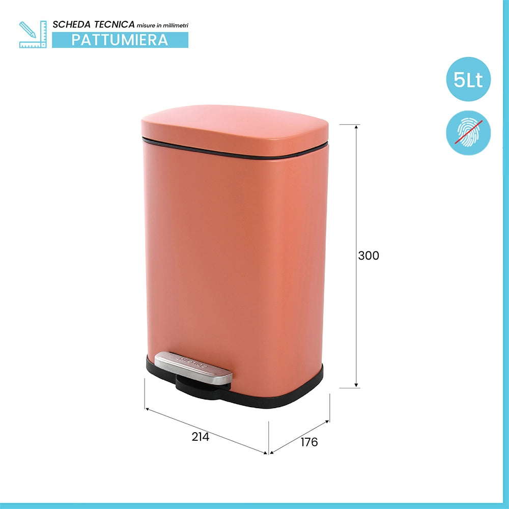 Pattumiera a pedale in acciaio 5lt color terracotta opaco con chiusura rallentata Axin