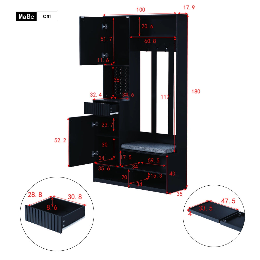 Set Ingresso con Panca, Ante, Cassetti e Ganci ¨C MINIMAL ¨C Nero 100¡Á180¡Á35 cm