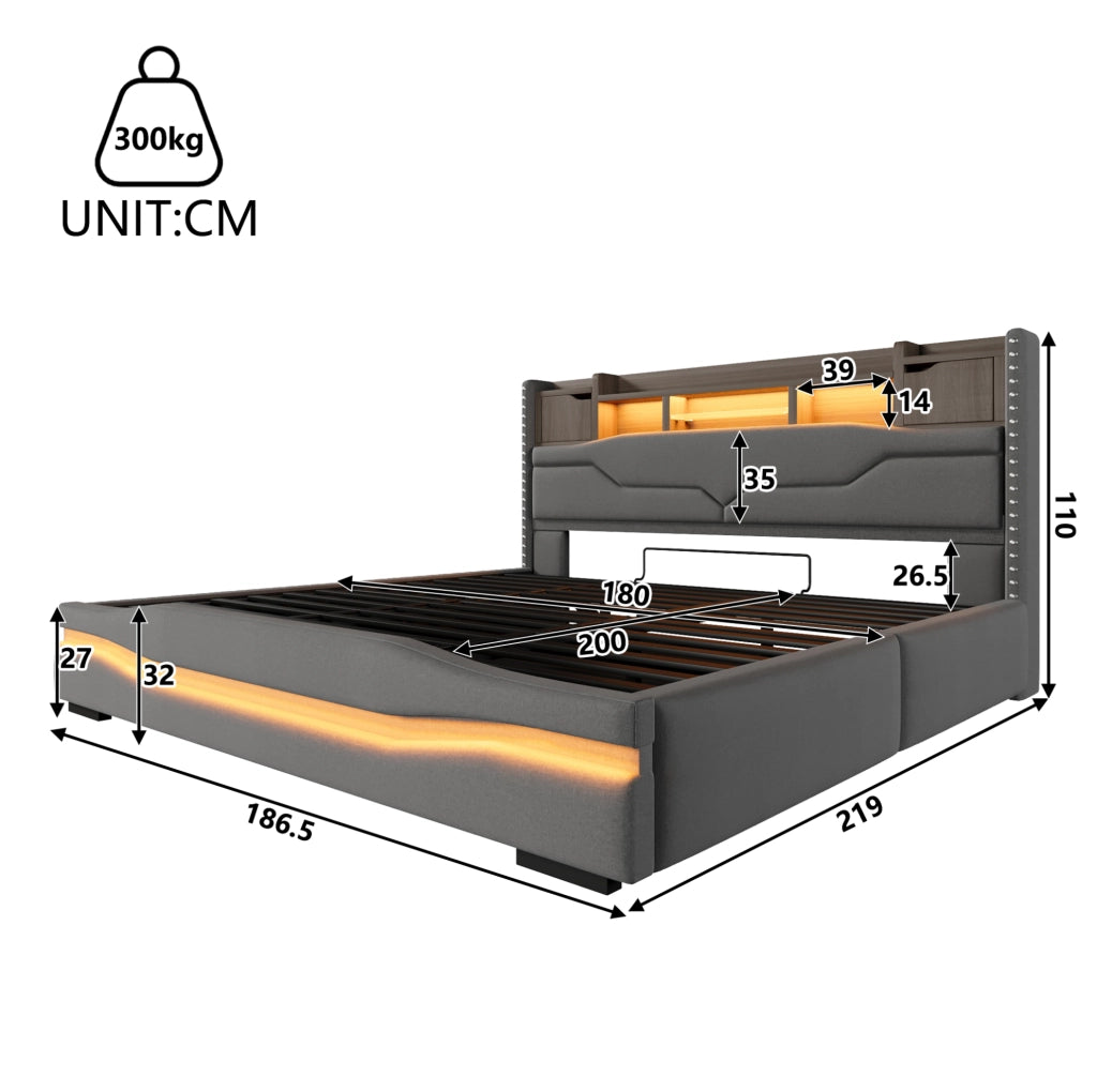 Letto contenitore 180x200 cm con LED, stazione di ricarica e testiera con vano