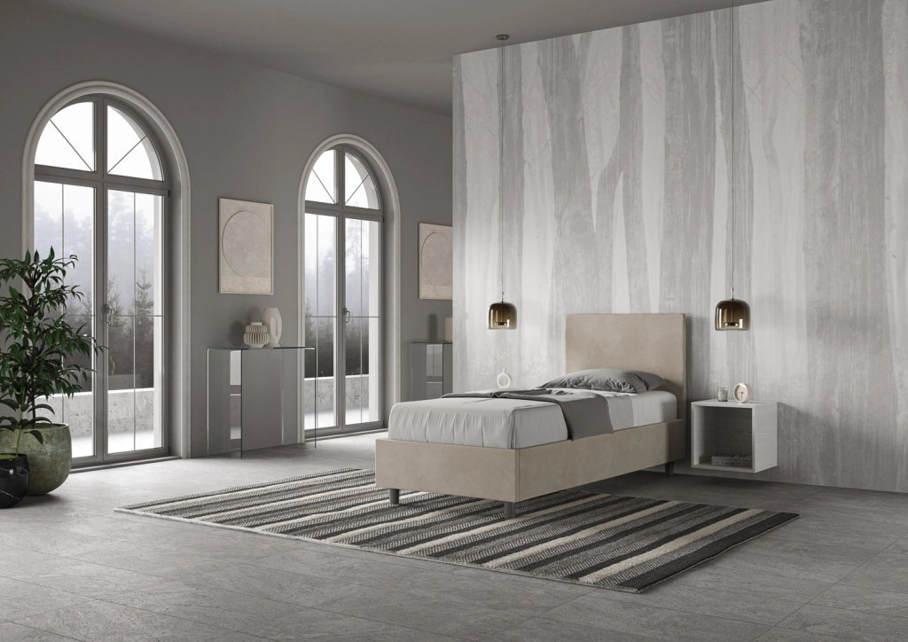 BS COM Letto singolo con rete imbottito 80x190 microfibra sabbia