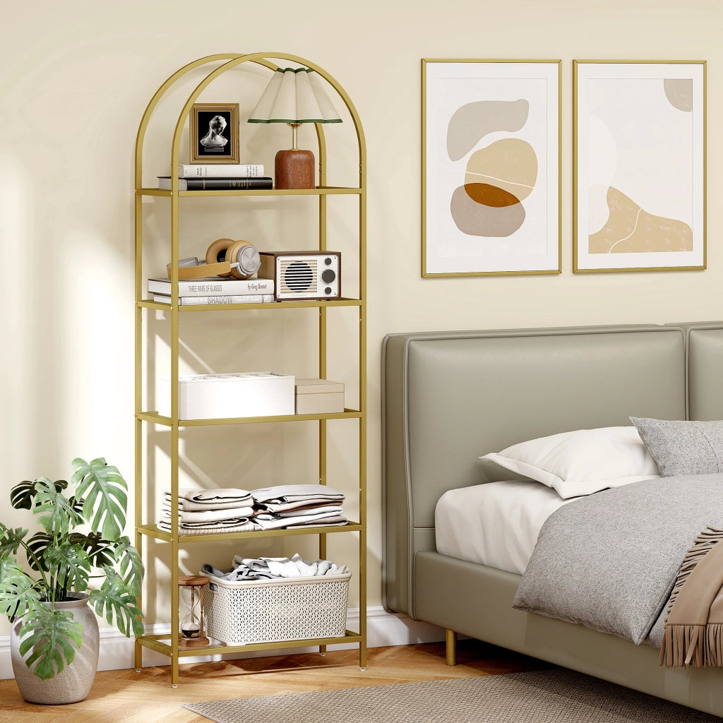 Scaffale Libreria Portaoggetti ad Arco 60x30x175 cm a 5 Ripiani in Acciaio e Vetro Temperato Oro