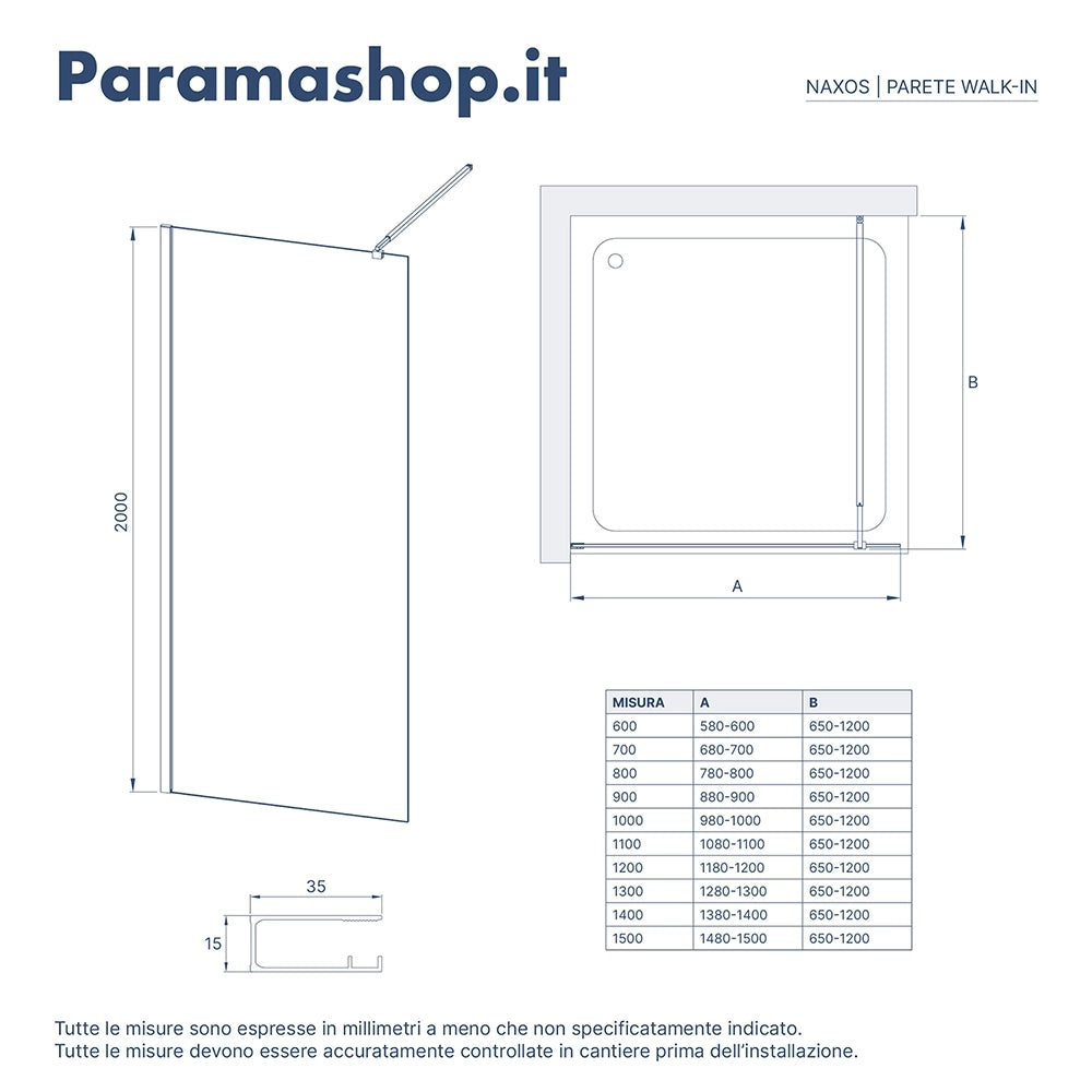 Doccia walk-in 140cm vetro temperato anticalcare 10mm opaco profili cromati | Naxos