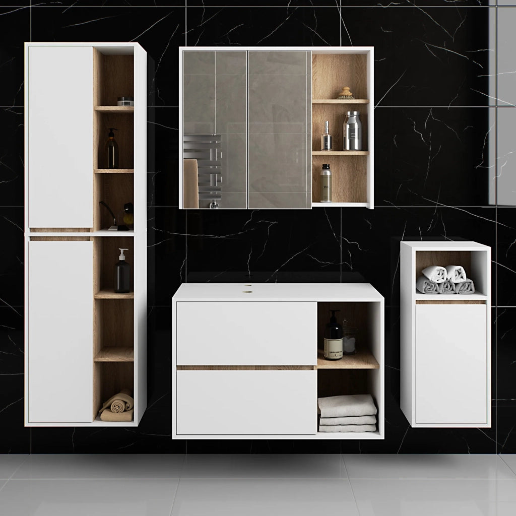 Set di mobili da bagno sospesi VAMI in Bianco con interno Quercia Sonoma con fori per lavabo da appoggio