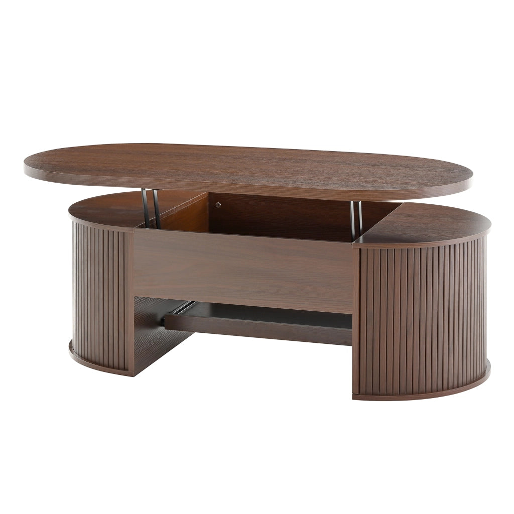 Tavolino da salotto sollevabile con spazio contenitivo e ripiano scorrevole per soggiorno, in MDF, noce naturale, 110 × 55,5 × 40 cm