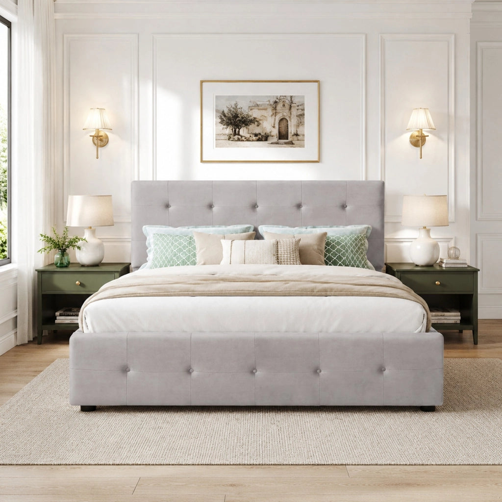 LETTO imbottito 140x200 cm con 4 cassetti, velluto grigio