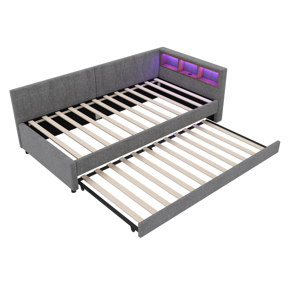 LETTO estraibile 90x200 cm Grigio in lino con USB Type-C e LED