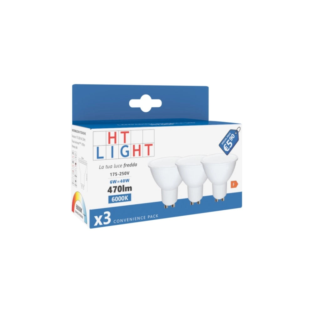 Alca power gu10 6w 175-250v 470lm 6000k lampadina dicroica led box da 3pz