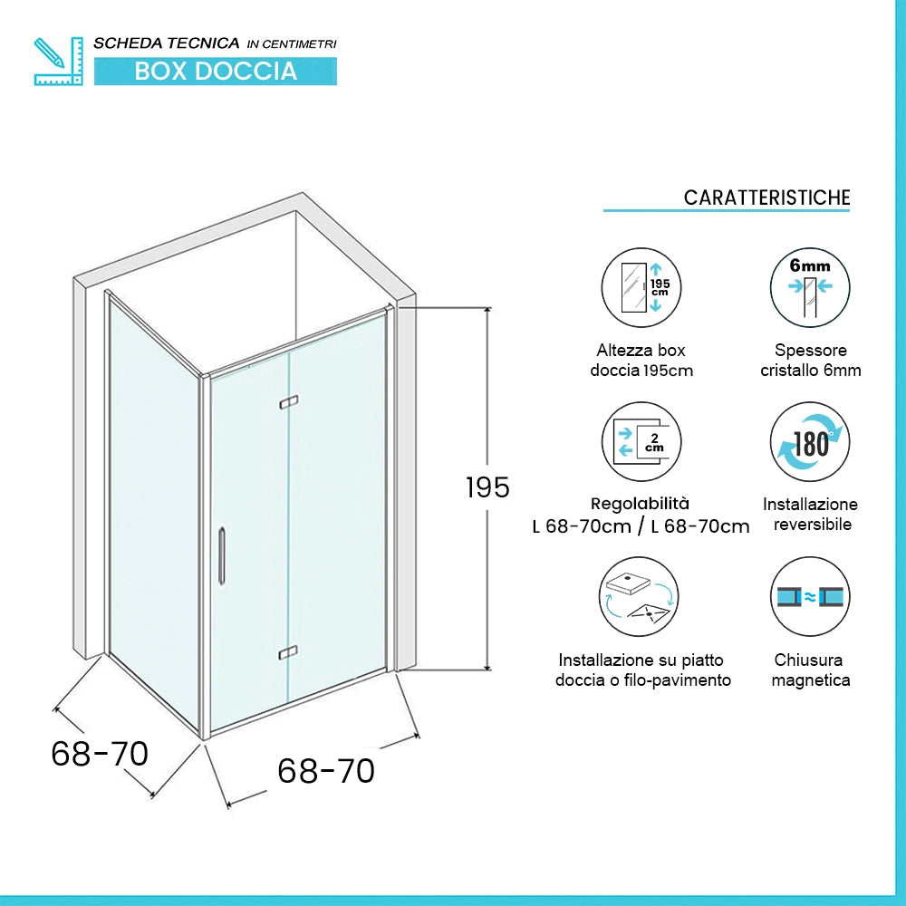 Box doccia angolare a soffietto 70x70 in vetro temperato trasparente con profili cromo Neos