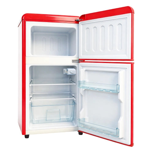 Frigorifero a doppia porta (86L) – controllo della temperatura a 7 livelli; classe di efficienza energetica E; luce a LED; ripiani regolabili e portauova – rosso