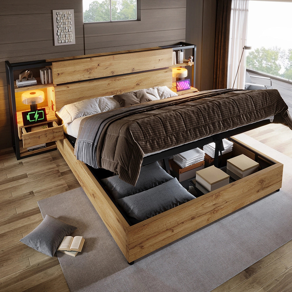Letto matrimoniale-Xylo-180x200 cm-contenitore idraulico, USB/Type-C, testiera, quercia