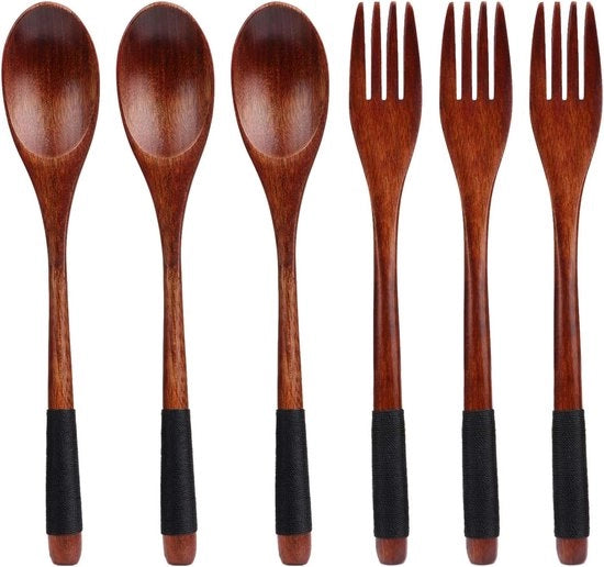 Set di cucchiai in legno-Set di utensili in legno-Set di forchette in legno-Set di cucchiai e forchette in legno naturali-Maniglia lunga-Design giapponese-Set di utensili in legno-6 pezzi di cucchiai in legno piccoli