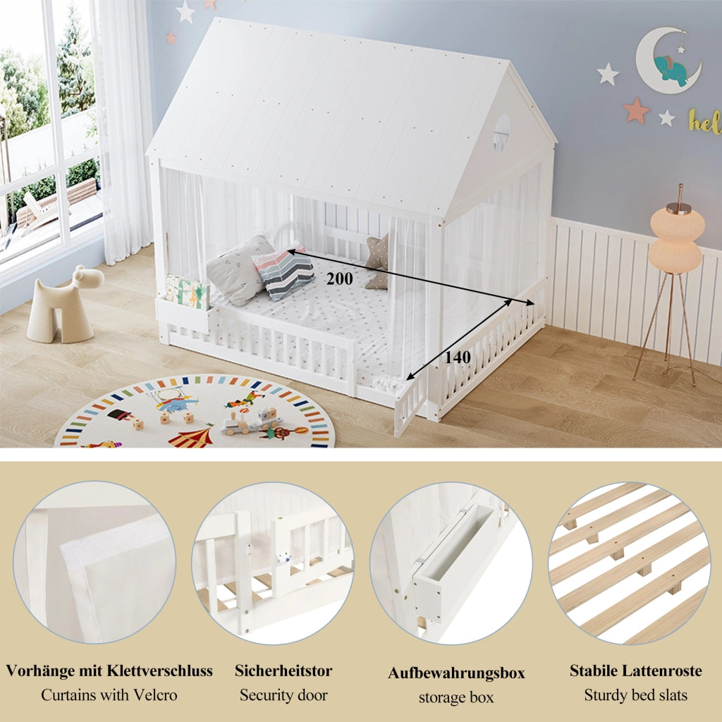 DESMIU Lit enfant 140 × 200 cm avec rangement, fenêtres décoratives, sans matelas, en bois massif et MDF, blanc