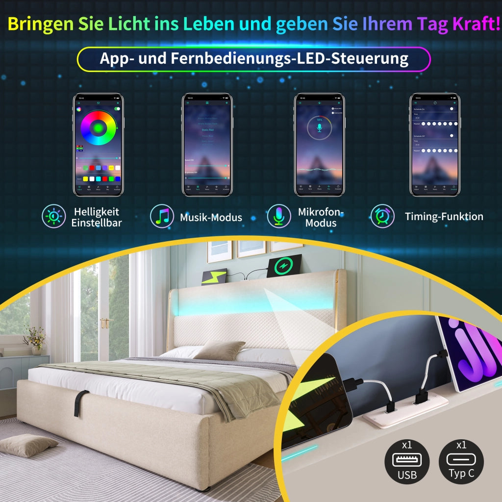 LETTO idraulico 90x200 cm in lino beige con LED, USB e Type-C