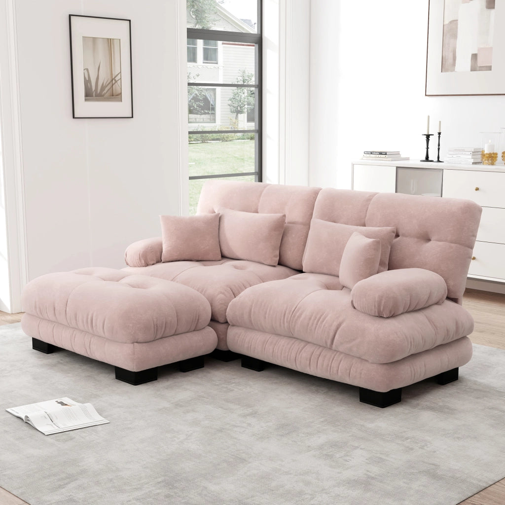 Divano Angolare in Tessuto Chenille con Ottoman e Cuscini ¨C MINIMAL ¨C Rosa