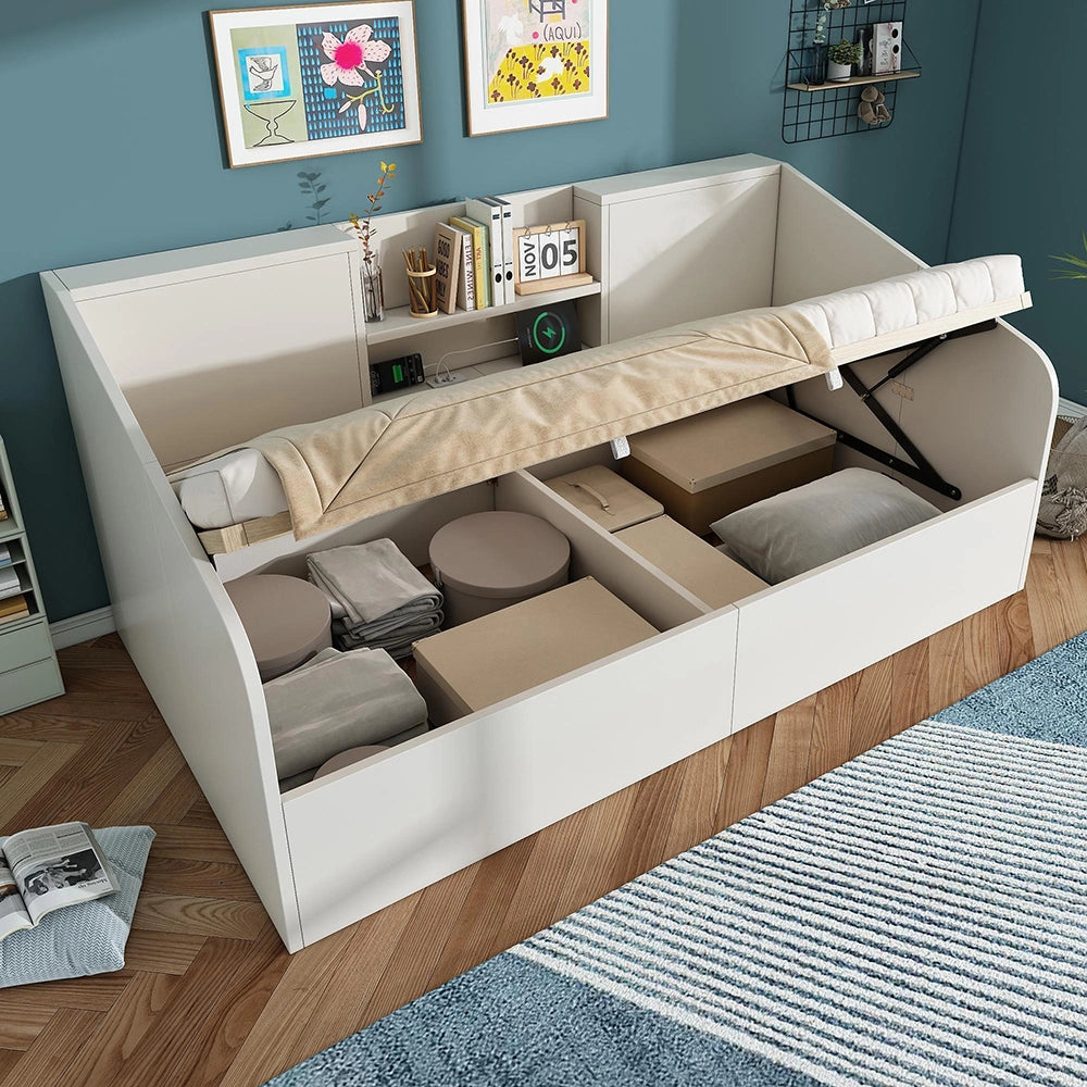 Letto giorno-Xylo-90x200cm legno 2 ripiani USB idraulico bianco senza materasso