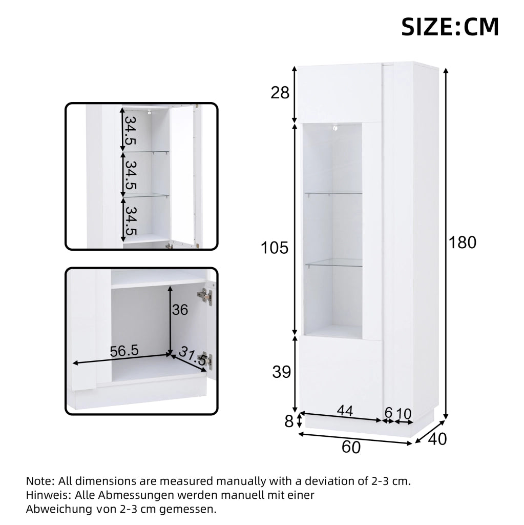 Vetrina 60x40x180 cm con LED e porta in acrilico; truciolare e vetro temperato bianco