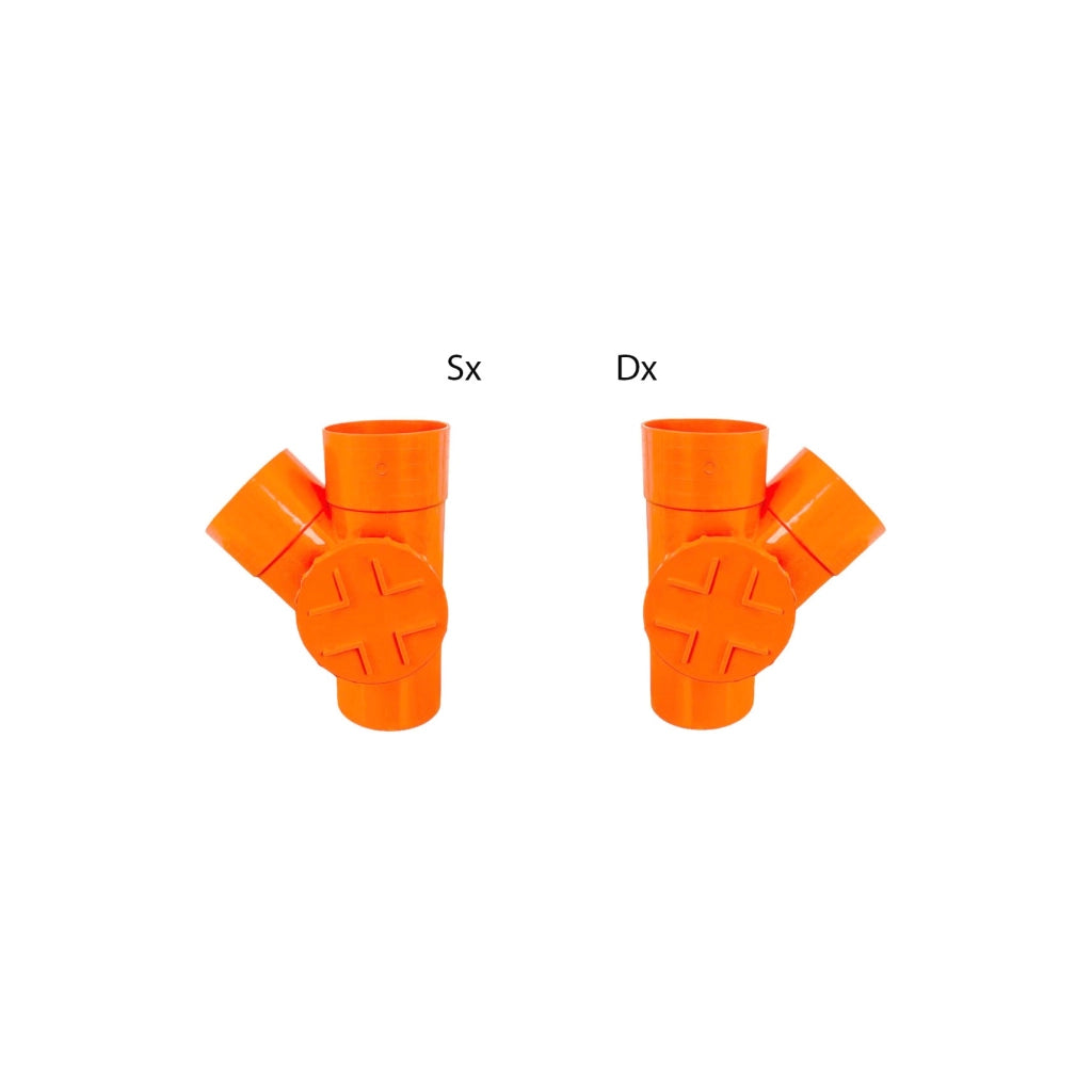 Derivazione 45° con tappo per ispezione in pvc : Diametro - 100 (con tappo Ø80), Modello - Sinistra