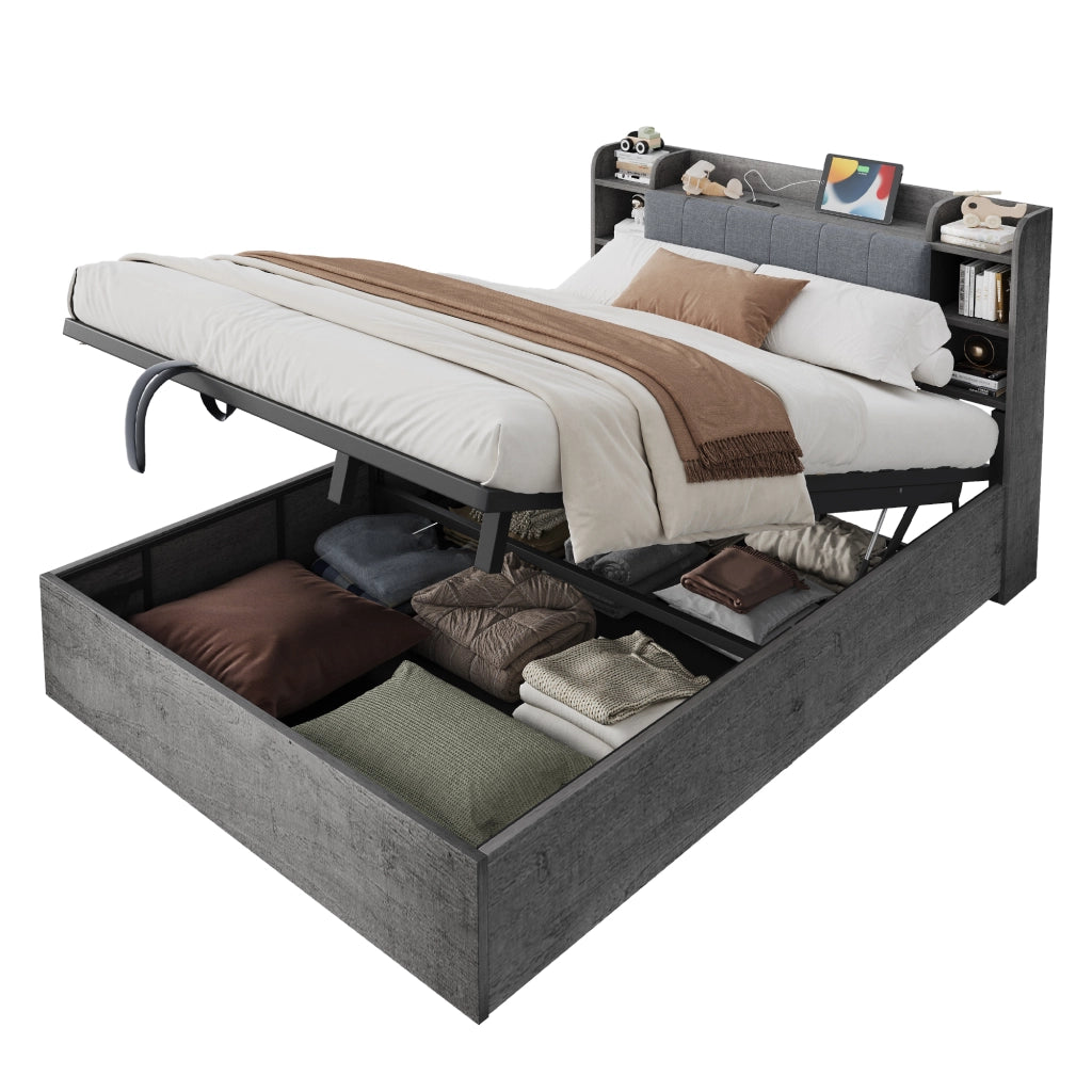 Letto contenitore 180 × 200 cm con sollevamento idraulico, USB e Type-C, ripiani, senza materasso, grigio