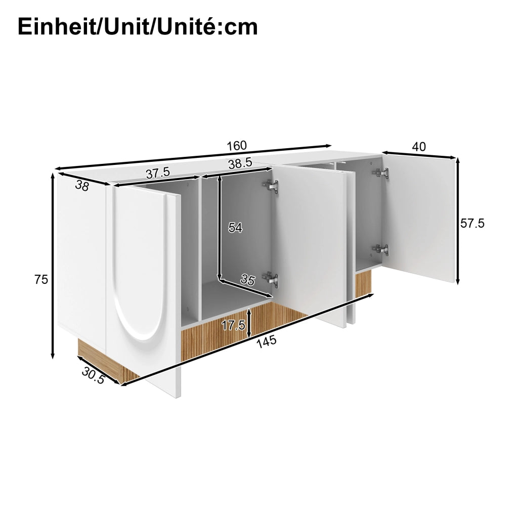 Sideboard moderno a 4 ante con struttura a rilievo U; 160x75x38 cm; bianco e legno