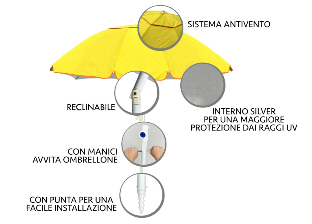 Ombrellone Spiaggia Mare Portatile Palo Reclinabile Tinta Unita Modello Caprera - Diametro 180 - Verde