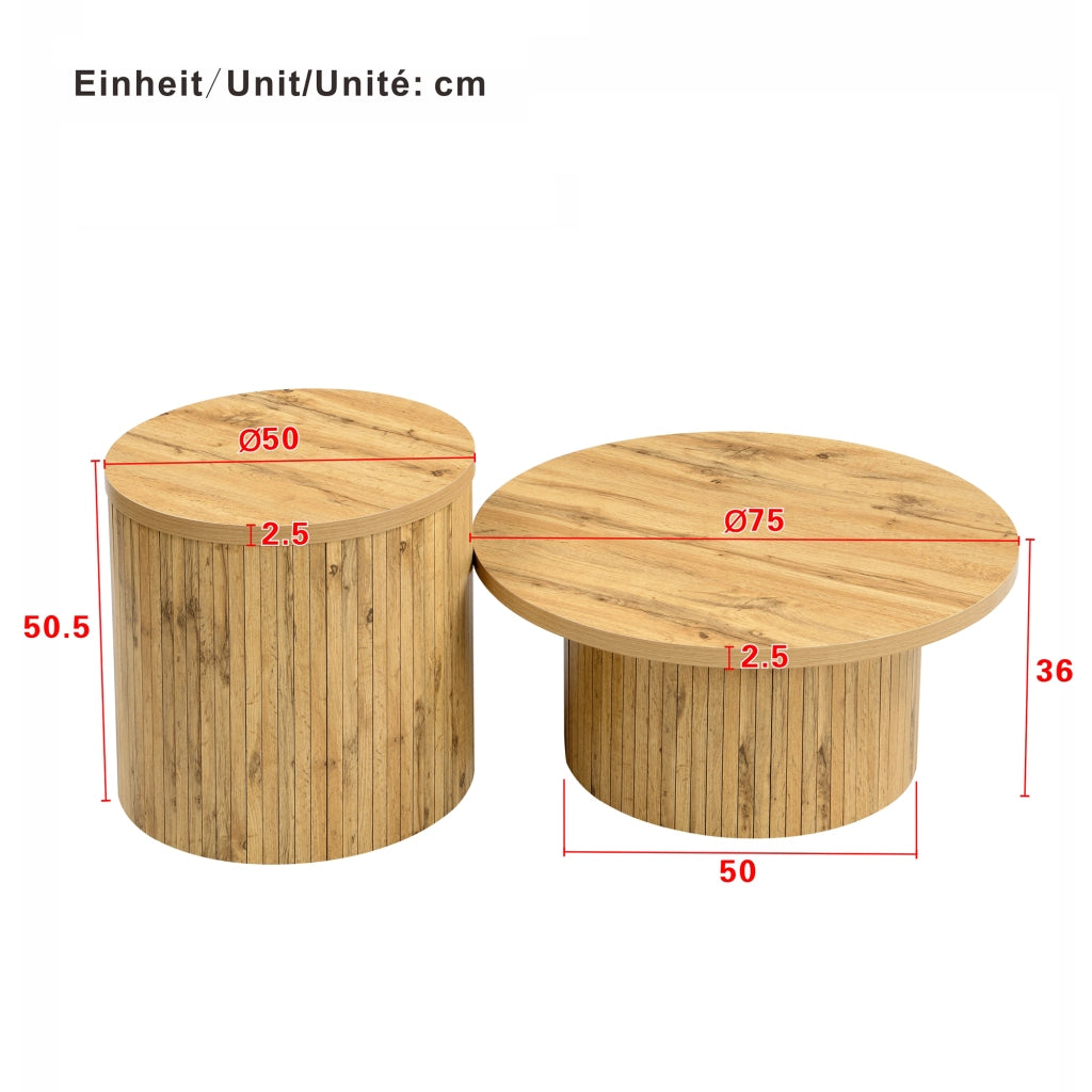 Tavolini da Salotto Impilabili Rotondi con 2 Tavoli e Vano Contenitore Stile Nordico per Soggiorno MDF Naturale